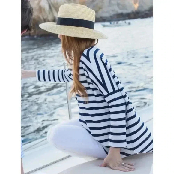Toss Designs Small Nautical Blue & White Striped 3/4 Sleeve High-Low Sweater - Picture 2 of 10